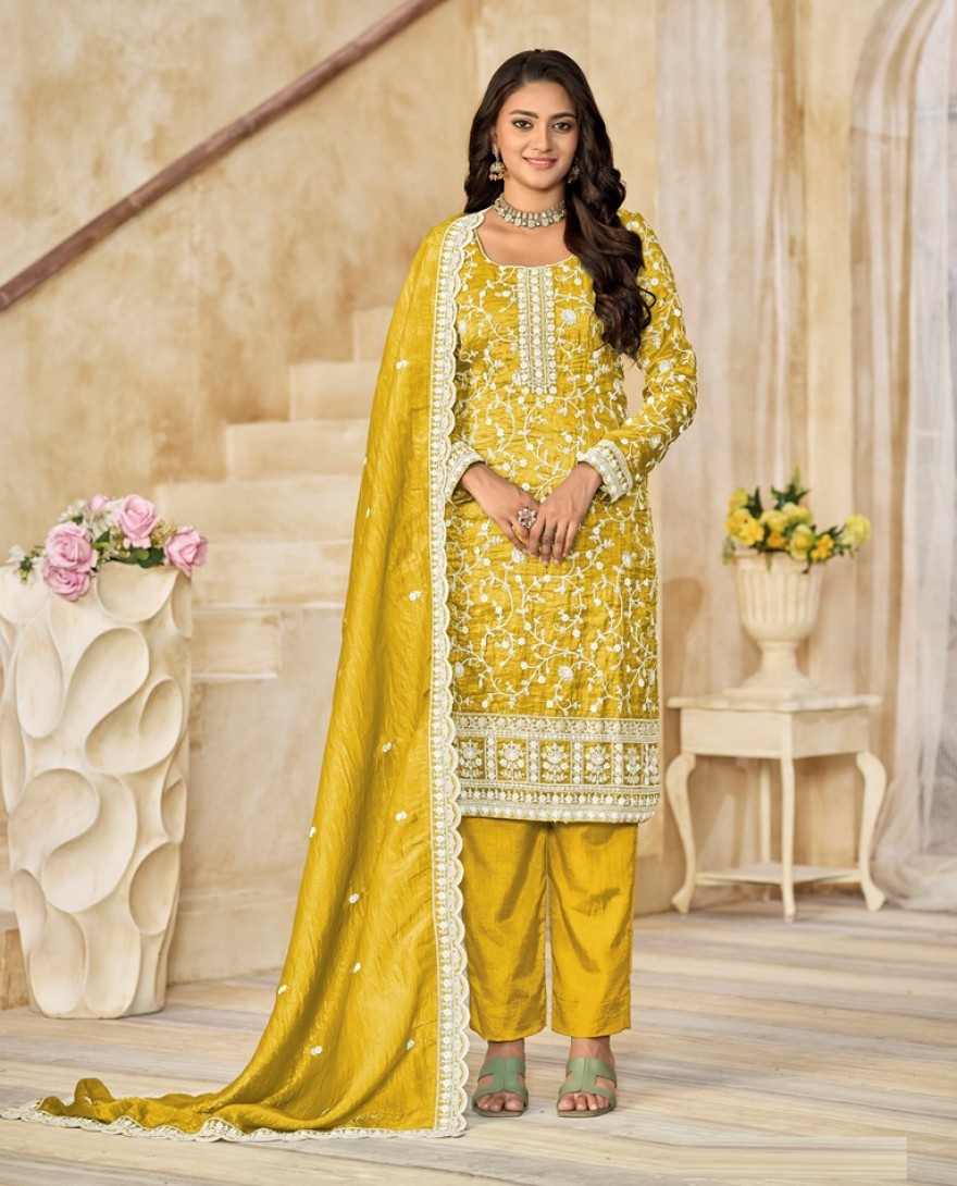 227-mustard - Embroidered Work Crush Straight Suit in Mustard for Women